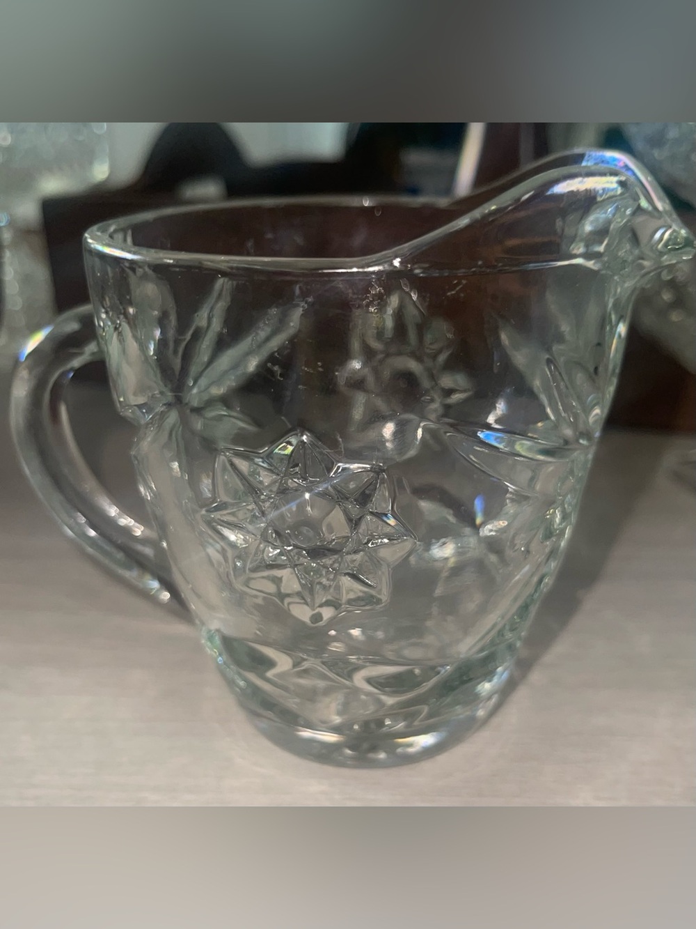 Vintage Anchor Hocking Pressed Cut Glass Creamer Star Starburst 4" Tall Retro